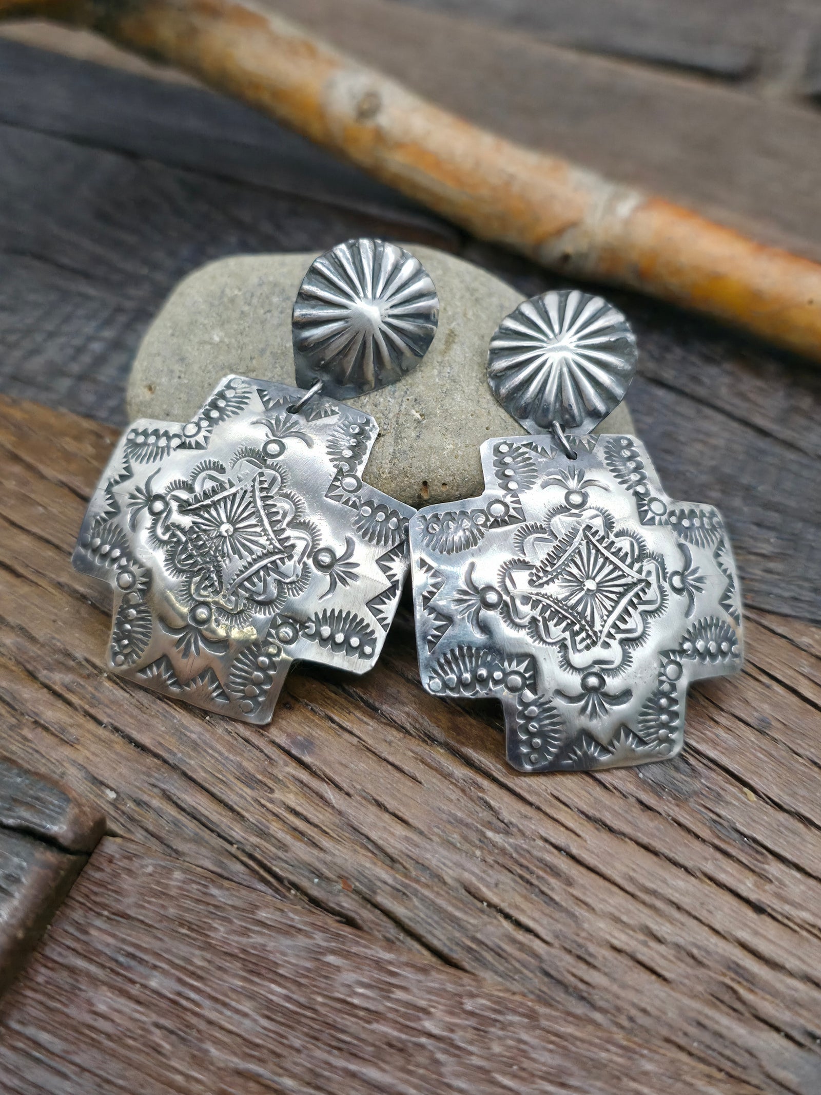 Sterling Silver Stamped Santa Fe Cross Earrings by Vincent Platero 2 1/2 in. by 1 1/2 in.