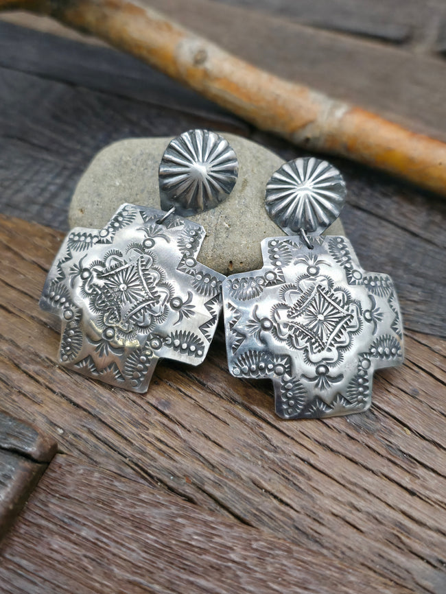 Sterling Silver Stamped Santa Fe Cross Earrings by Vincent Platero 2 1/2 in. by 1 1/2 in.