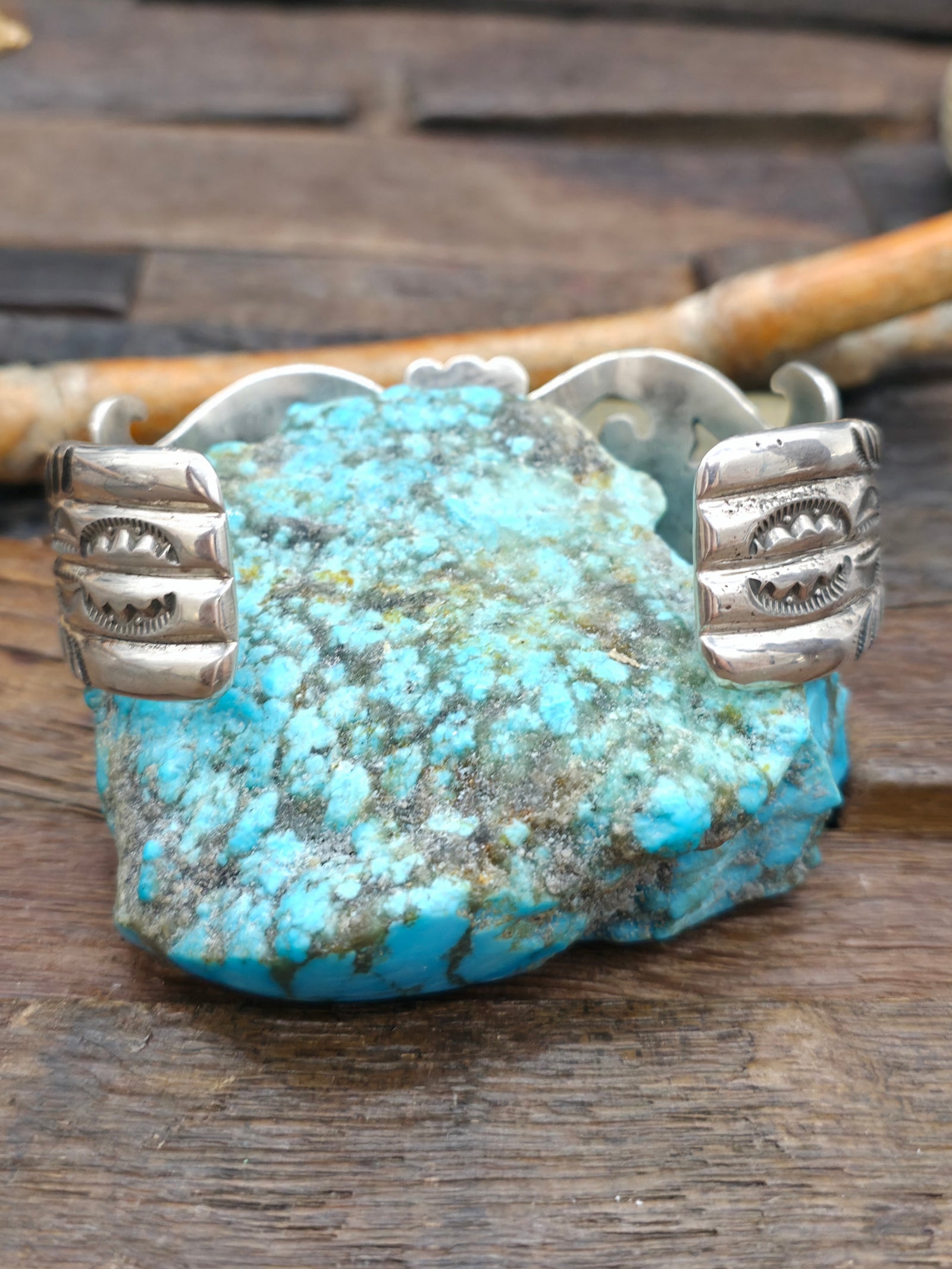 Extra Large Cast and Stamped Sterling Silver and Turquoise Cuff - 8 3/4 in. with Gap