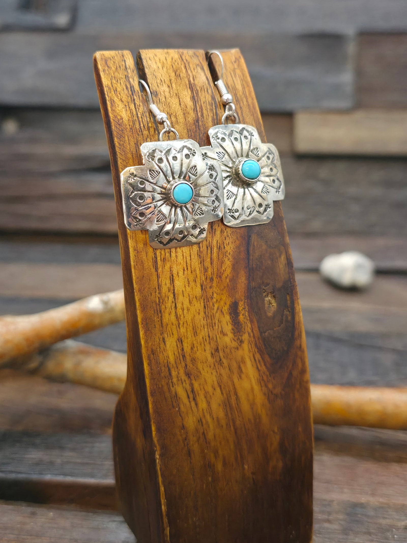 Stamped Sterling Silver Turquoise Santa Fe Cross Earrings by Marcella James - 2 in. by 1 in.