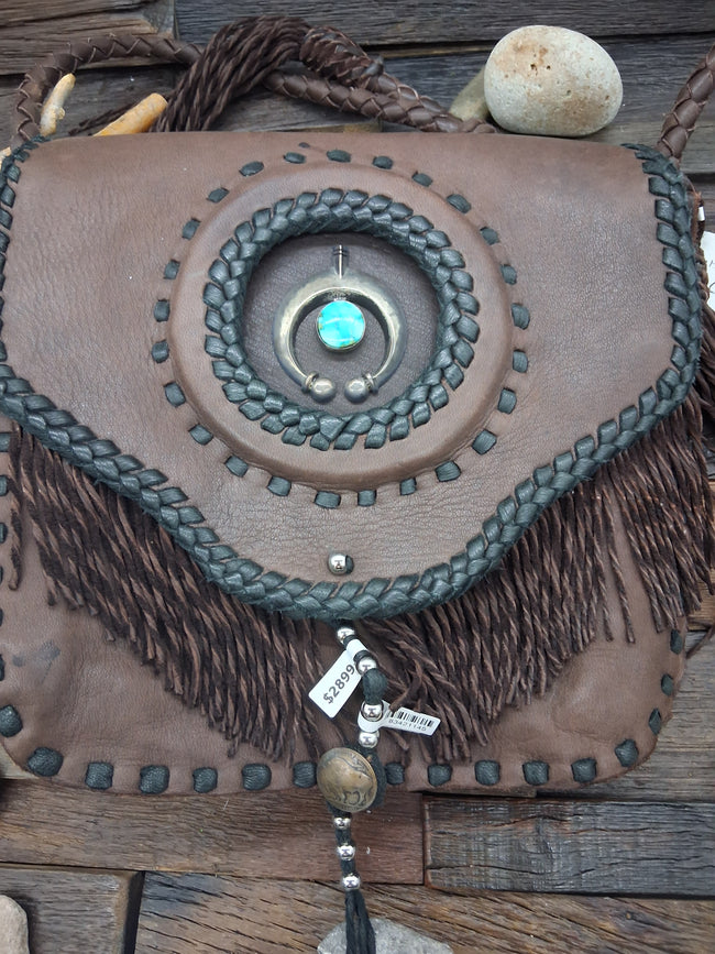 Leather purse in Honor of Agua Caliente with Sterling Silver Naja and Turquoise