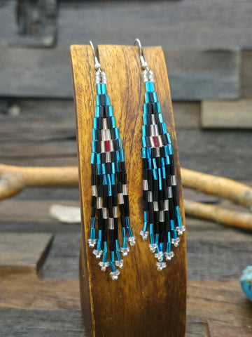 Blue Turquoise and Orange Spiny Oyster Earrings by Lupe Lovato - 3 1/2 in. by 1 1/4 in.