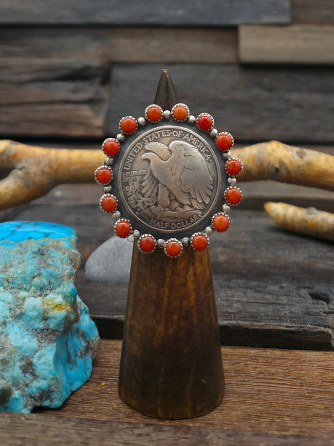 Eagle Half Dollar Coin Ring with Coral by Larry Archuleta - Size 8