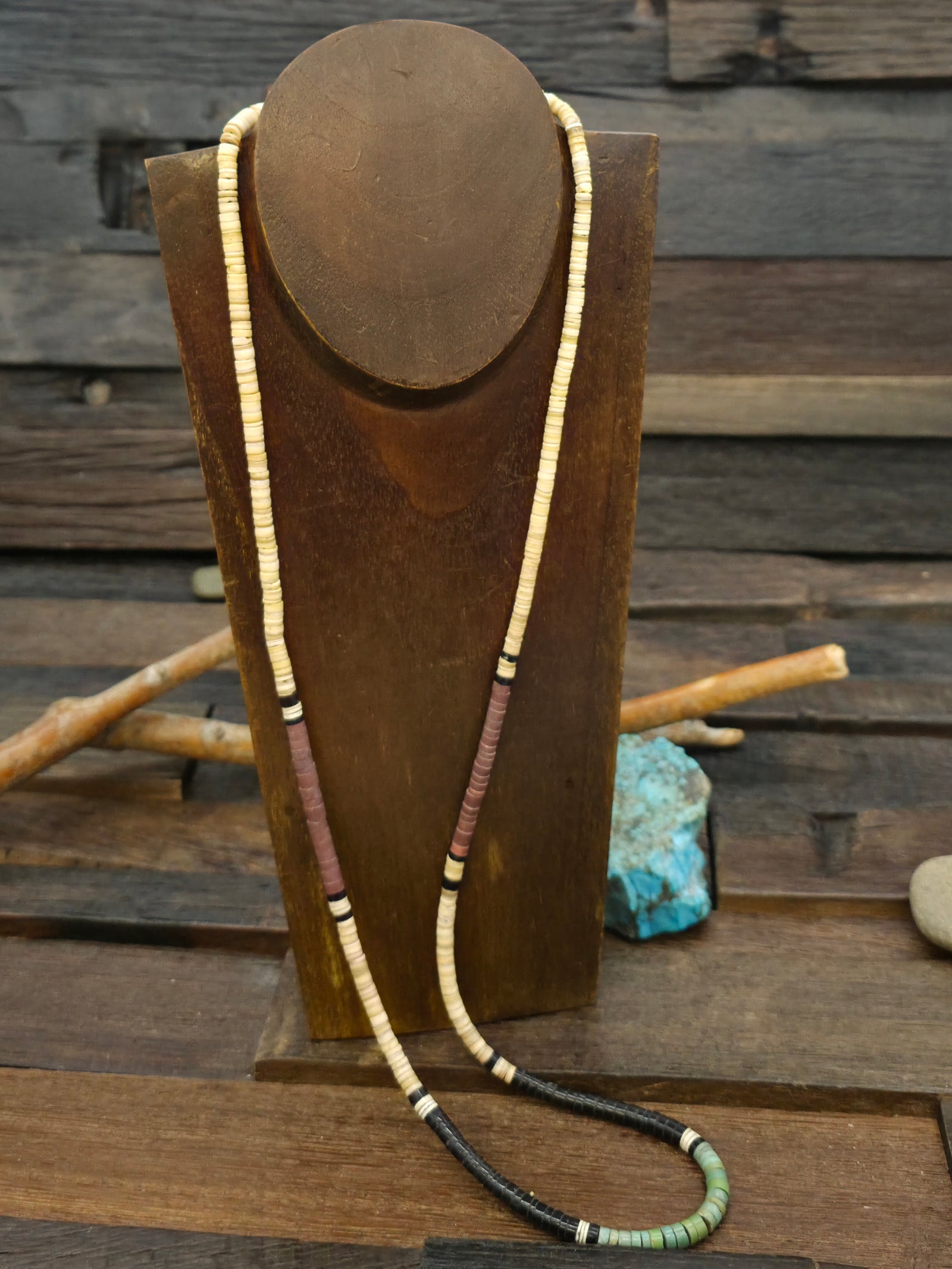 Color Block Heishi Necklace by Deanna Tenorio - Turquoise, Jet, Melon Shell, Pipestone - 33 in.