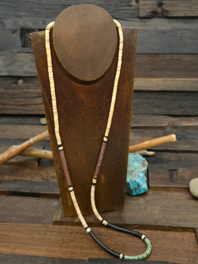 Color Block Heishi Necklace by Deanna Tenorio - Turquoise, Jet, Melon Shell, Pipestone - 33 in.