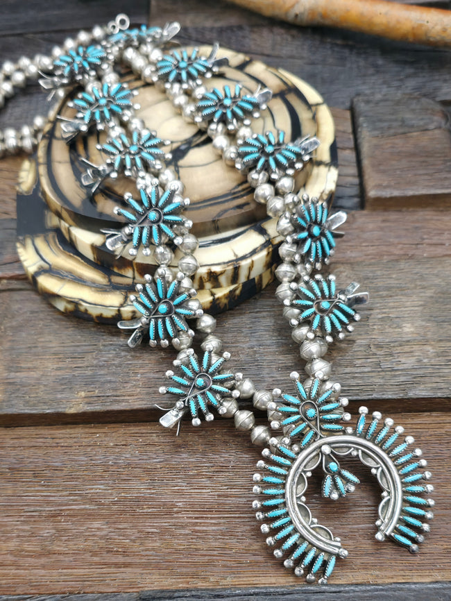 Vintage/Estate Sterling Silver Turquoise Needlepoint Squash Blossom Necklace Circa 1960s - 30 in.