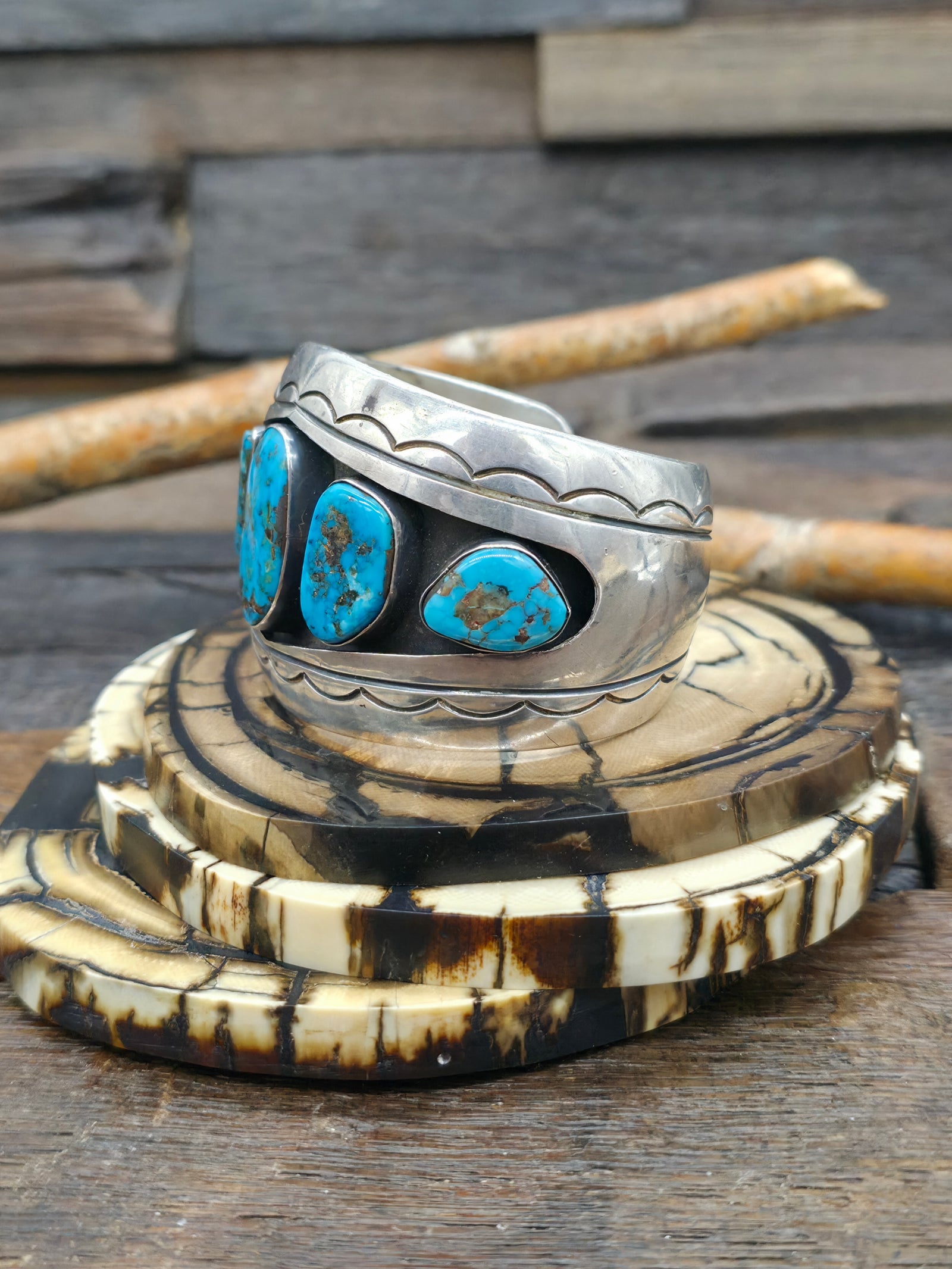 Vintage/Estate Five Stone Sterling Silver Morenci Turquoise Shadowbox Cuff Bracelet Circa 1970s - 6 1/2 in. with Gap