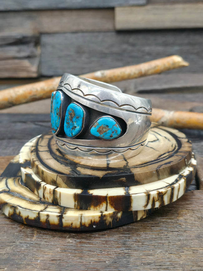 Vintage/Estate Five Stone Sterling Silver Morenci Turquoise Shadowbox Cuff Bracelet Circa 1970s - 6 1/2 in. with Gap