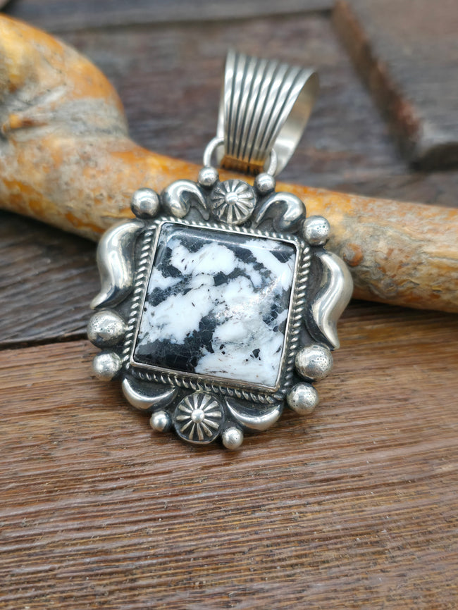 Square White Buffalo and Sterling Silver Pendant by Albert Jake