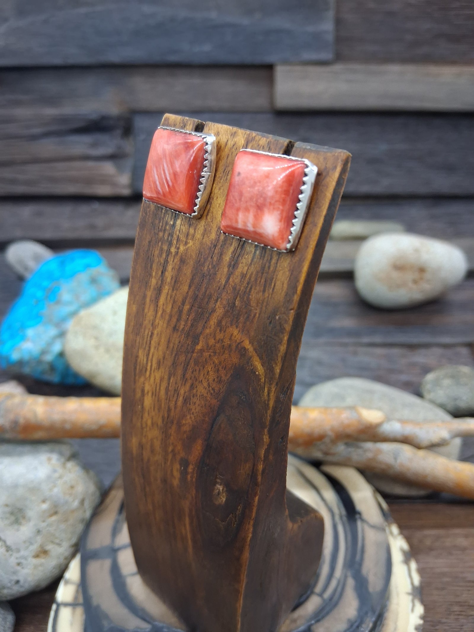 Red Spiny Oyster Sterling Silver Square Post Earrings by Dorothy Yazzie