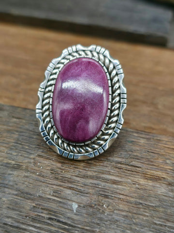 Sterling Silver and Orange Spiny Oyster Ring by Ernest Hawthorne - Size 7 3/4
