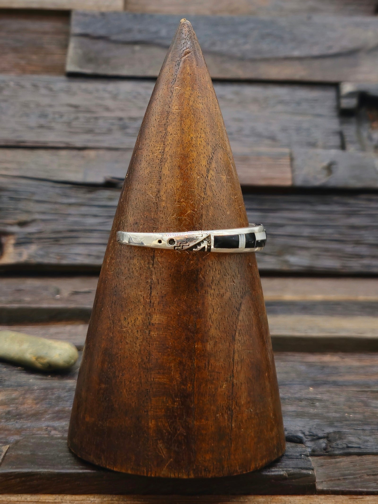 Mother of Pearl and Onyx Inlay Sterling Silver Cuff - 7 in.