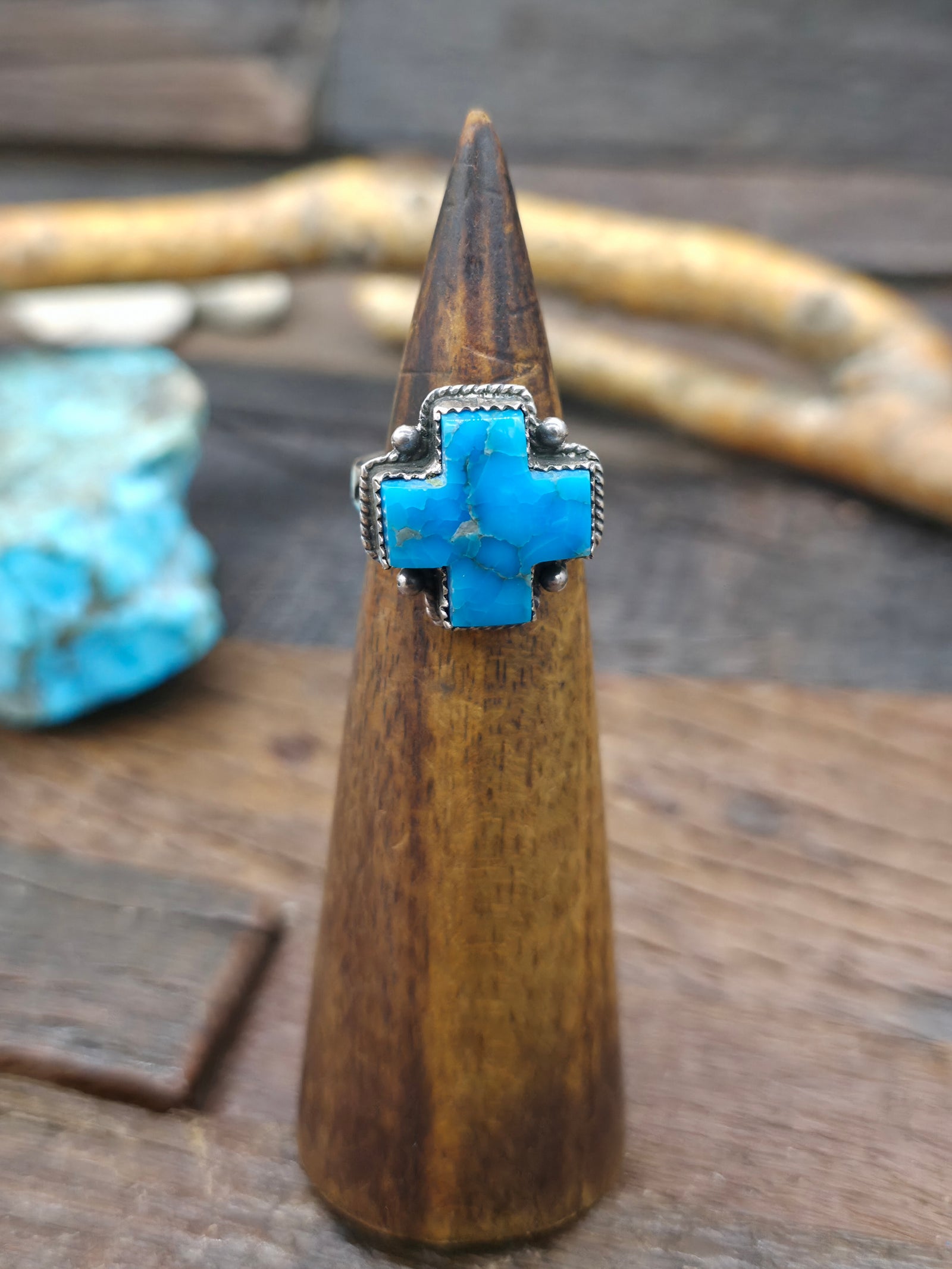 Turquoise Santa Fe Cross Ring by L. Archuleta - Size 7