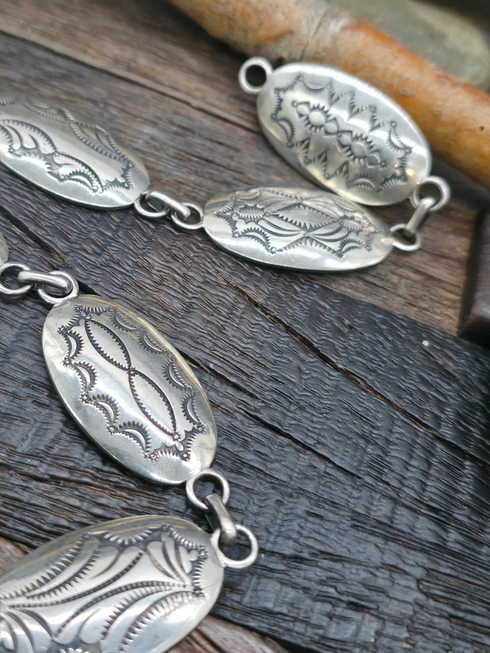 Stamped Sterling Silver Link Belt with Wild Horse Buckle by Thomas Nez - 42 in.