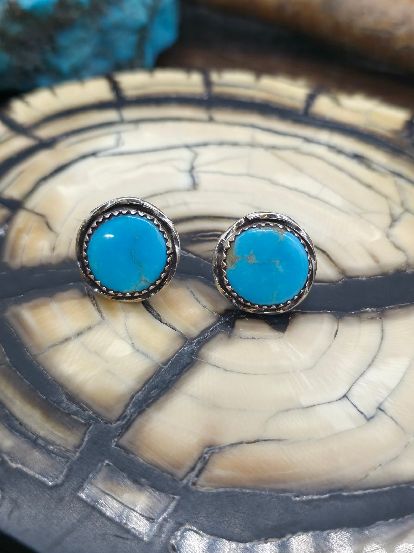 Round Sterling Silver Turquoise Post Earrings by Ernest Hawthorne - 5/8 in. Diameter