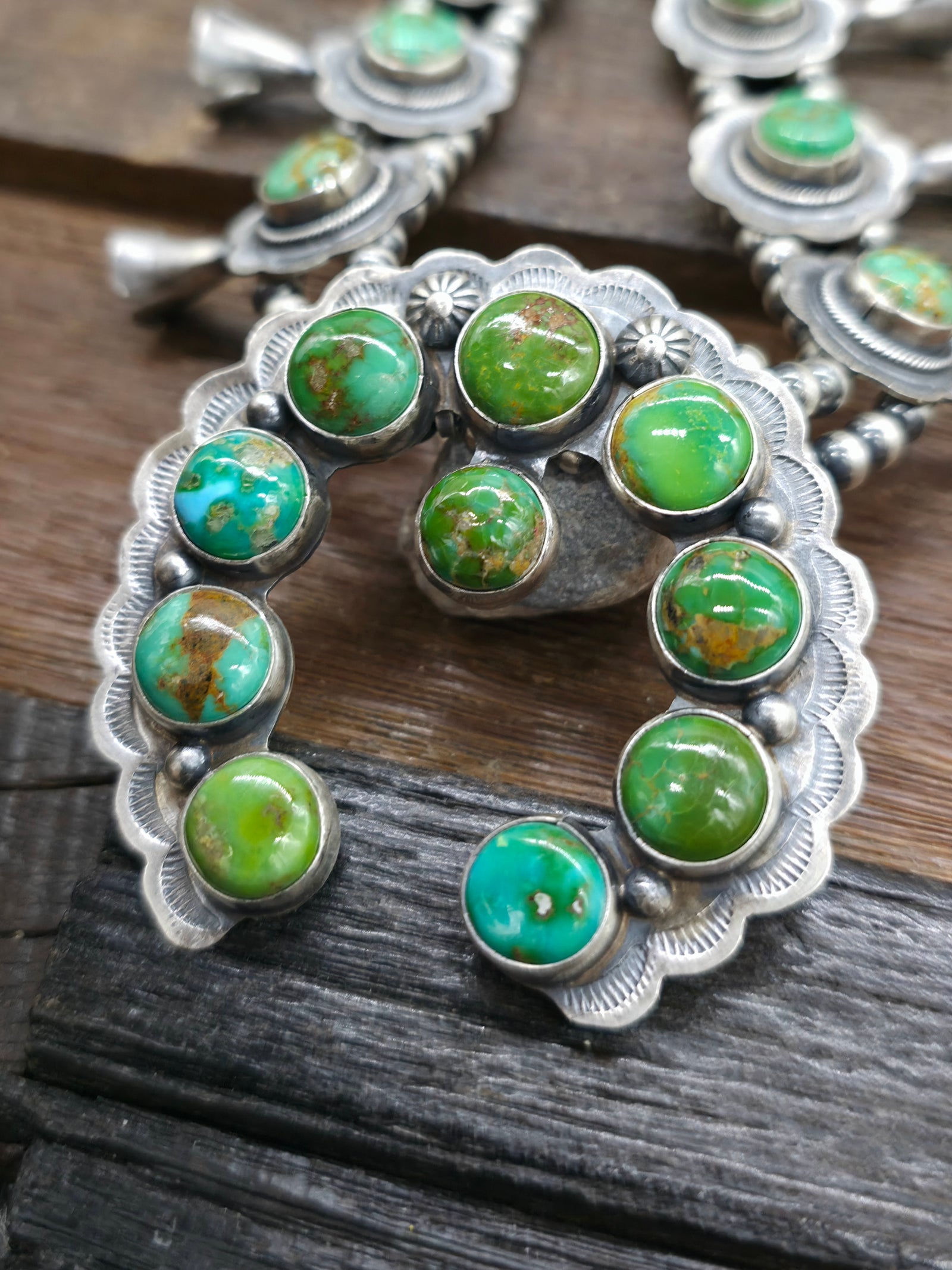 Stamped Sterling Silver Sonoran Turquoise Squash Blossom Necklace and Earring Set by Danny Henio - 22 in.