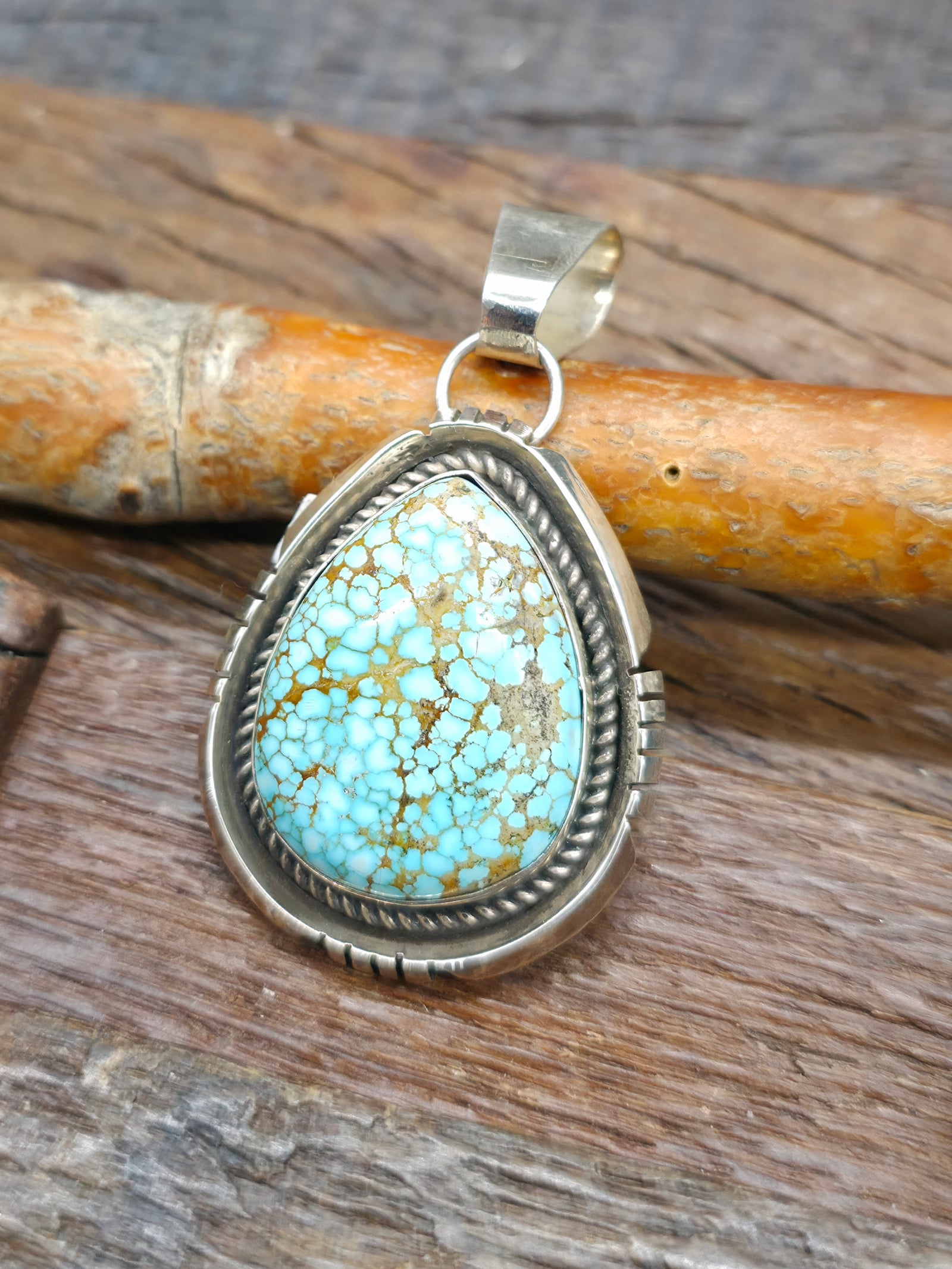 Sterling Silver #8 Turquoise Pendant by F. Peters - 2 1/4 in. by 1 1/4 in.