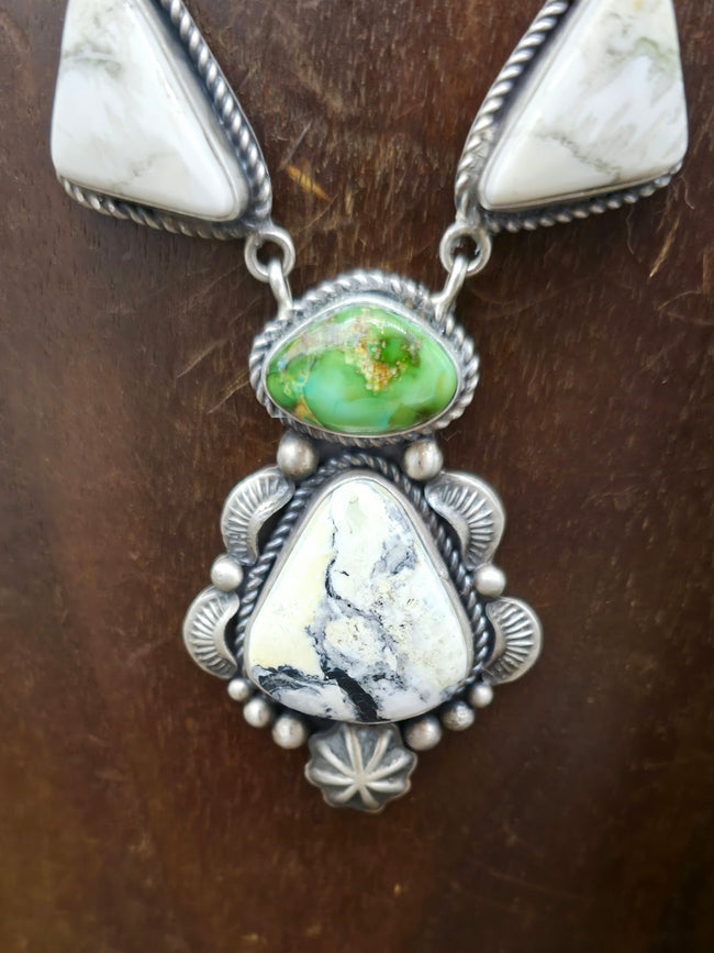 Sterling Silver White Buffalo and Sonoran Turquoise Lariat Necklace and Earring Set by LaRose Ganadonegro - 20 in.