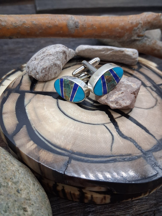 Sterling Silver Turquoise and Lapis Inlay Cufflinks by Edison Yazzie