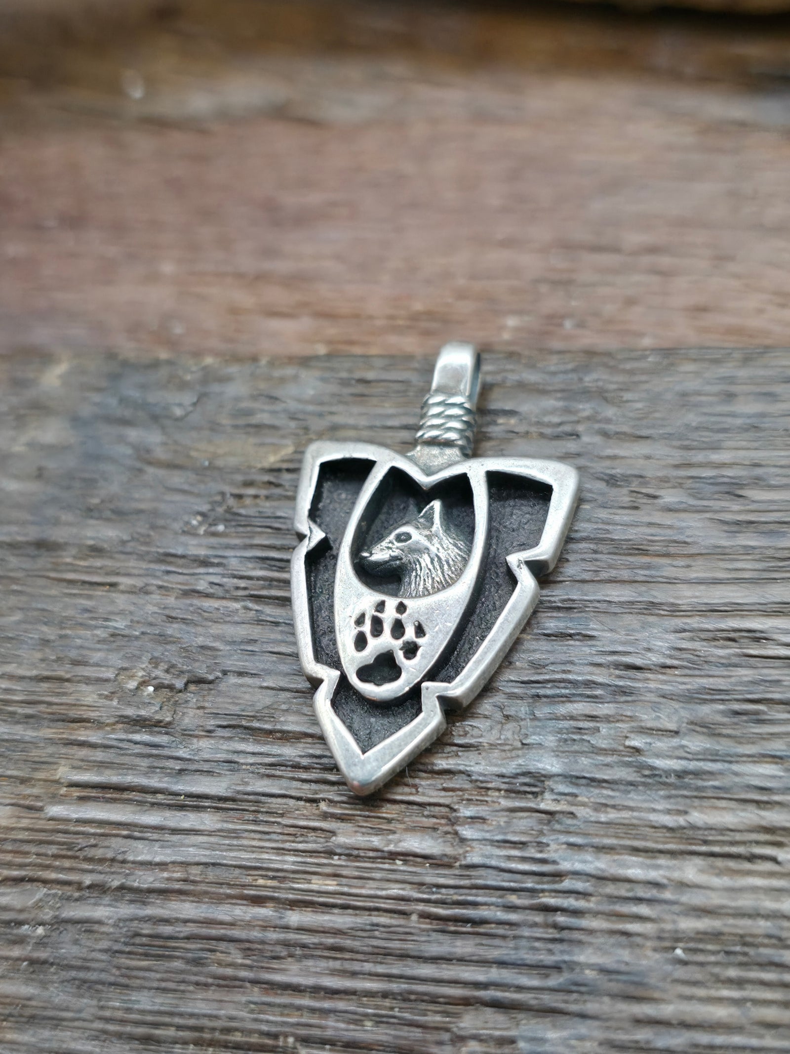 Small Sterling Silver Arrowhead Pendant - Wolf NON NATIVE MADE - 1 1/4 in. by 3/4 in.