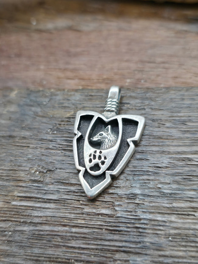 Small Sterling Silver Arrowhead Pendant - Wolf NON NATIVE MADE - 1 1/4 in. by 3/4 in.