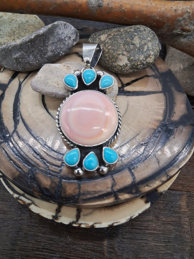 Sterling Silver Pink Conch Turquoise Pendant by Kathleen Livingston