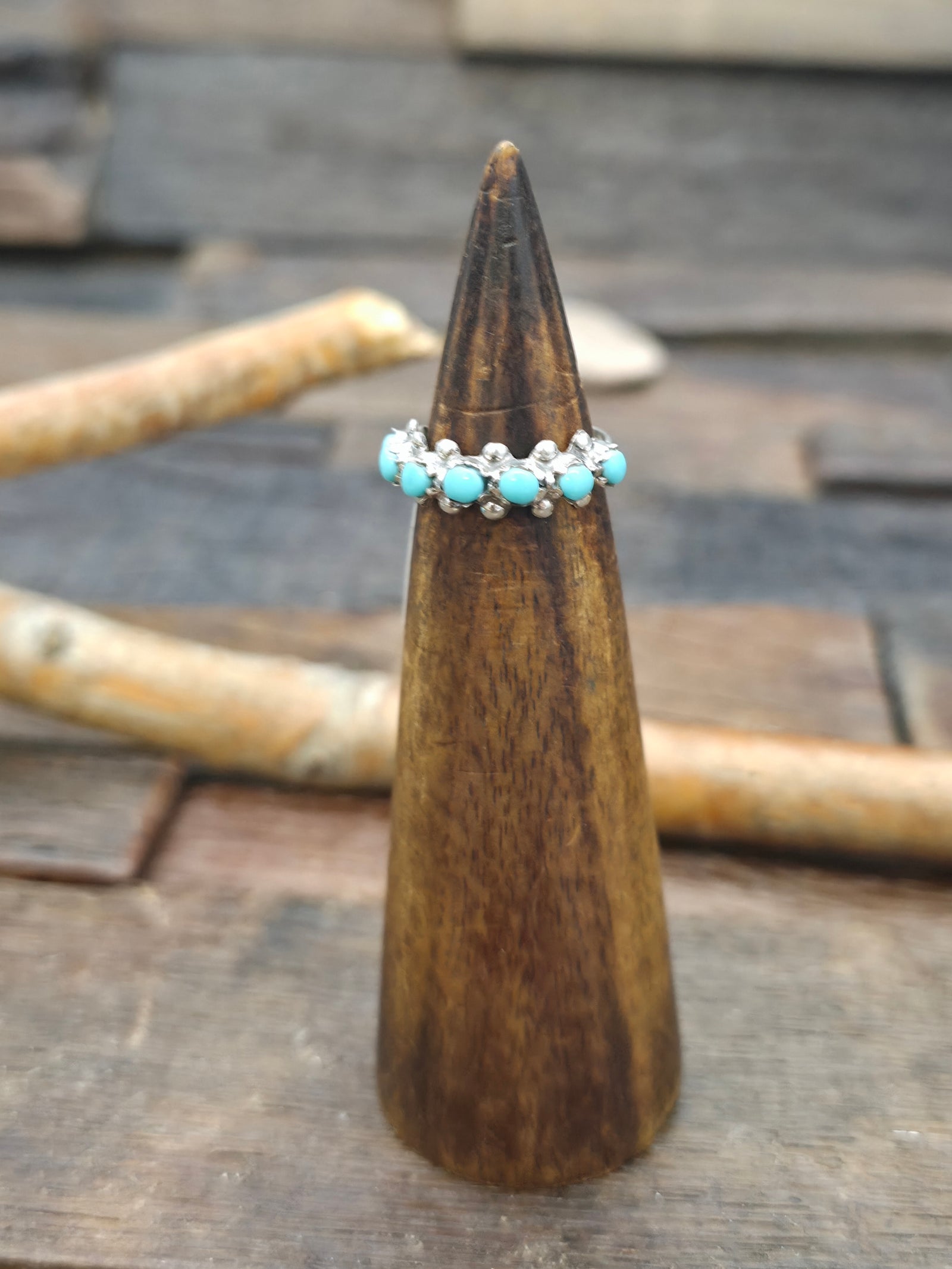 Sterling Silver Turquoise Petit Point Ring by Marlon Quam - Size 5 1/2