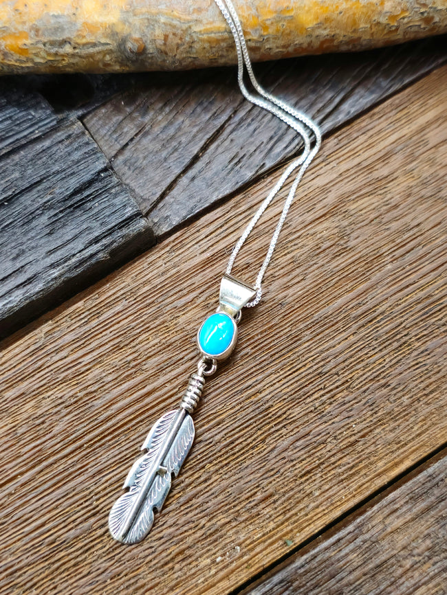 Sterling Silver Feather with Turquoise Pendant on 18 in. Chain