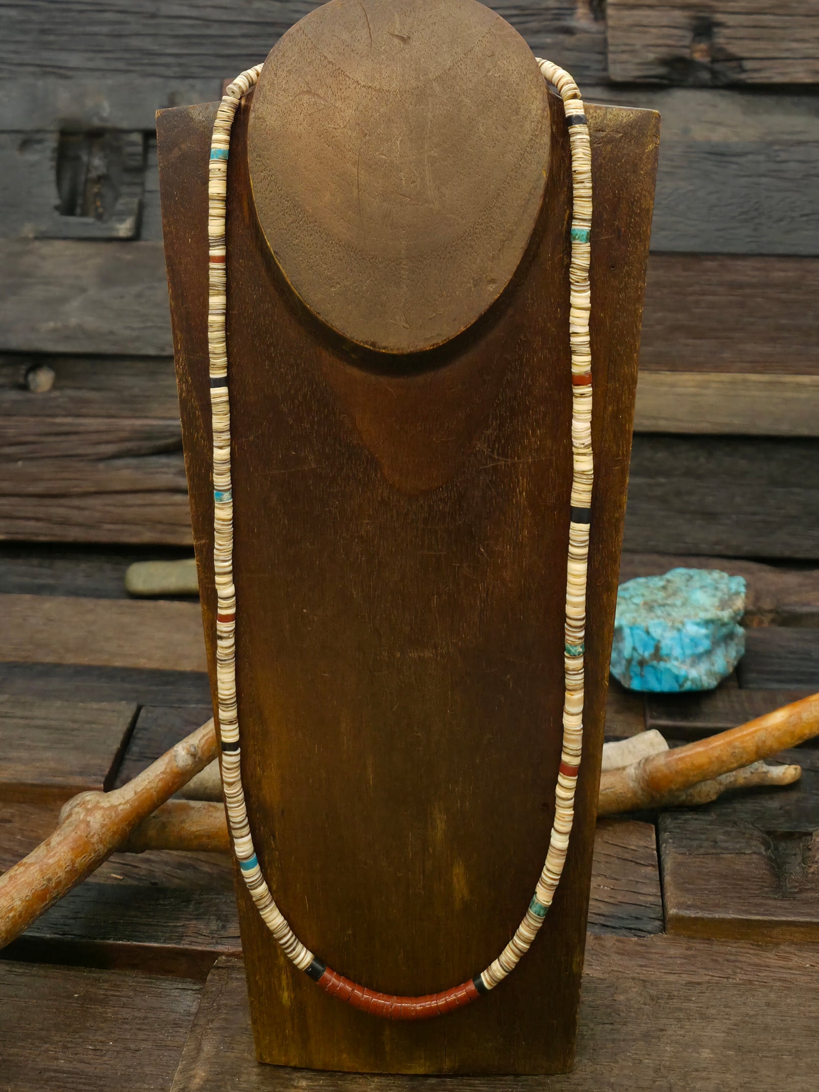 Colorblock Heishi Necklace by Torevia Crespin - Jet, Turquoise, Pipestone, and Shell - 24 in.