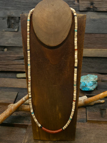 Colorblock Heishi Necklace by Torevia Crespin - Jet, Grey Shell, Pipestone - 24 in.