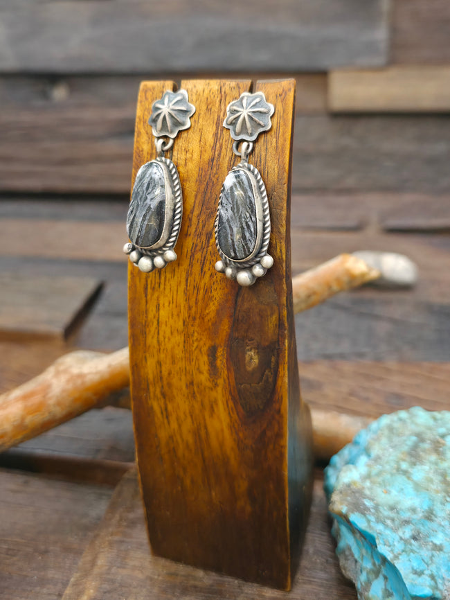 Sterling Silver White Buffalo Post Dangle Earrings by LaRose Ganadanegro - 2 in. by 5/8 in.