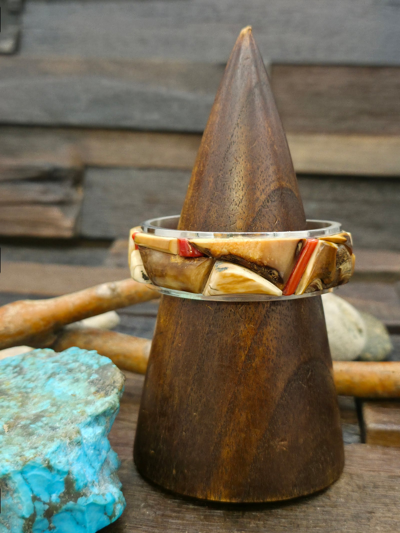 Sterling Silver Cobblestone Inlay Cuff with Coral and Fossil Ivory by Walter Vandever - 7 in.