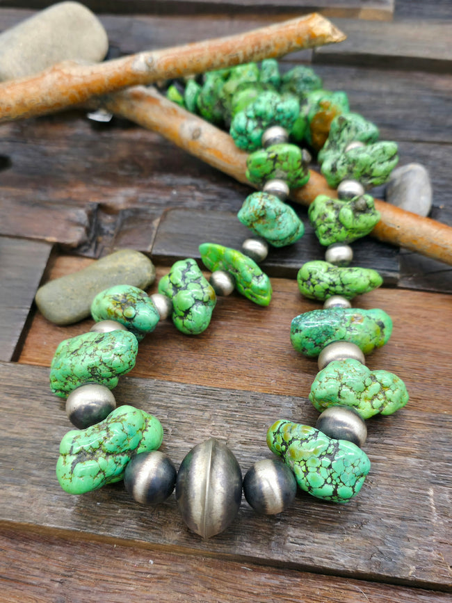 Large Nugget Hubei Turquoise and Sterling Silver Bead Necklace 27 in.