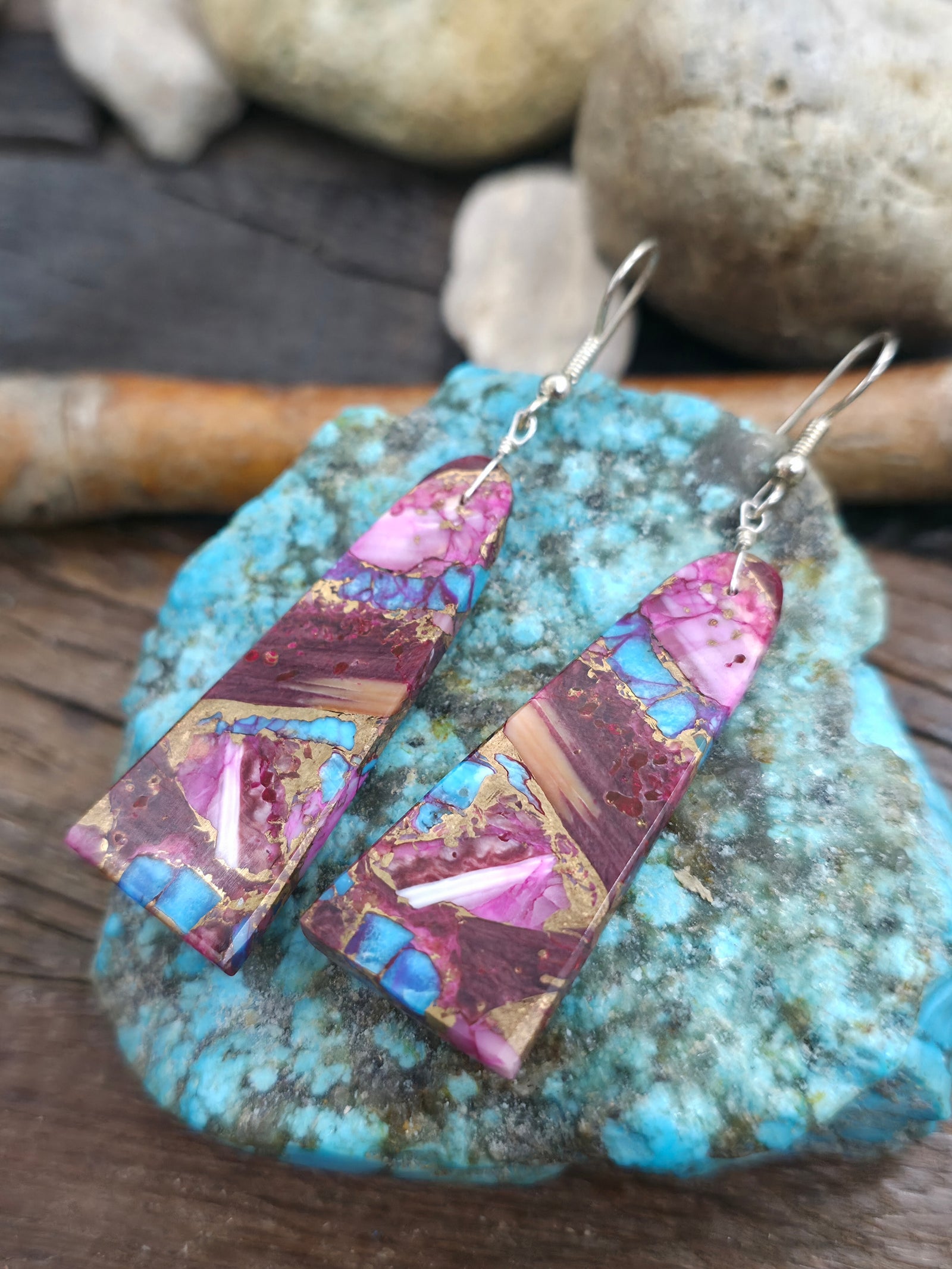 Purple Mojave, Spiny, and Turquoise Composite Slab Earrings with Rounded Top by Jameson Pete - 2 3/4 in. by 1/2 in.