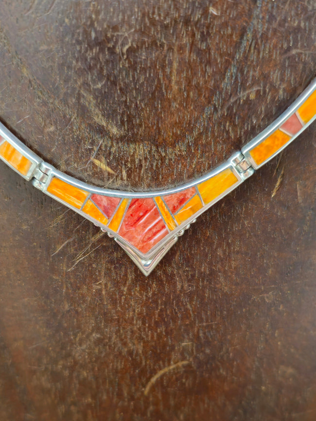 Orange Spiny Oyster Sterling Silver Inlay Collar Necklace - 18 in.