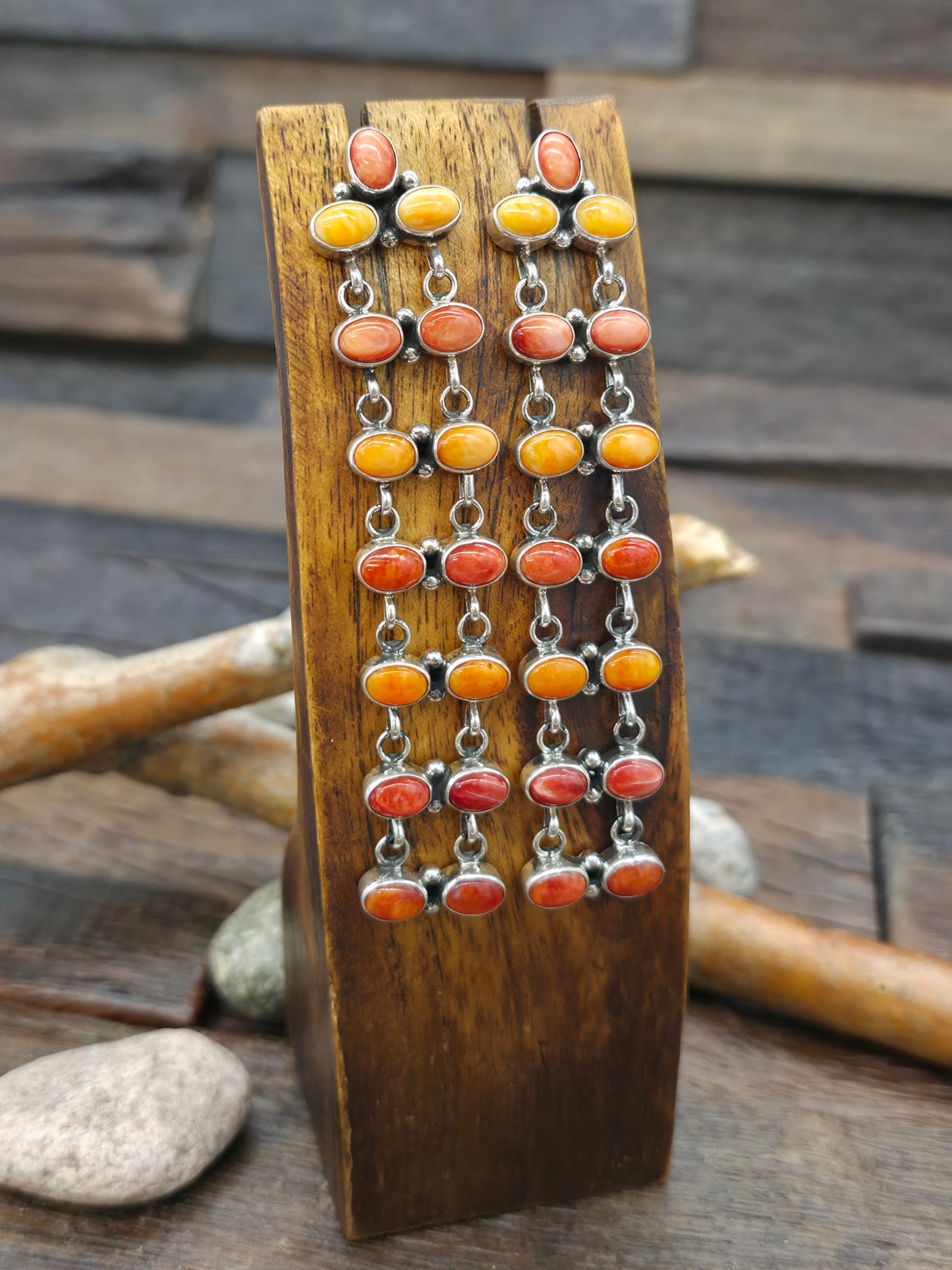 Long Sterling Silver Spiny Oyster Ladder Earrings by Linkin - 3 1/2 in. by 5/8 in.
