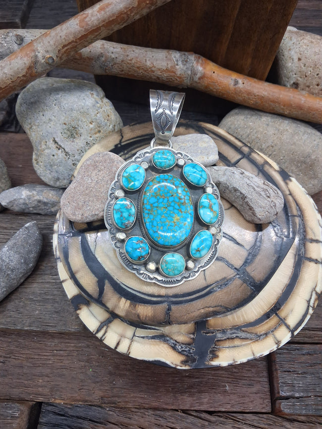 Turquoise Mountain and Sterling Silver Stamped Pendant by Roland Dixon