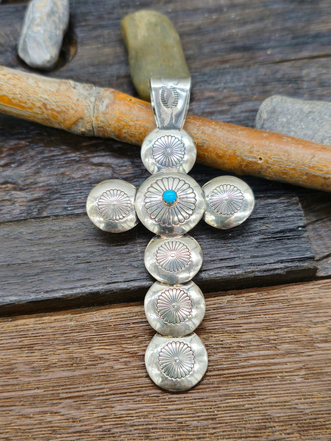 Sterling Silver Turquoise Stamped Pillow Bead Cross Pendant