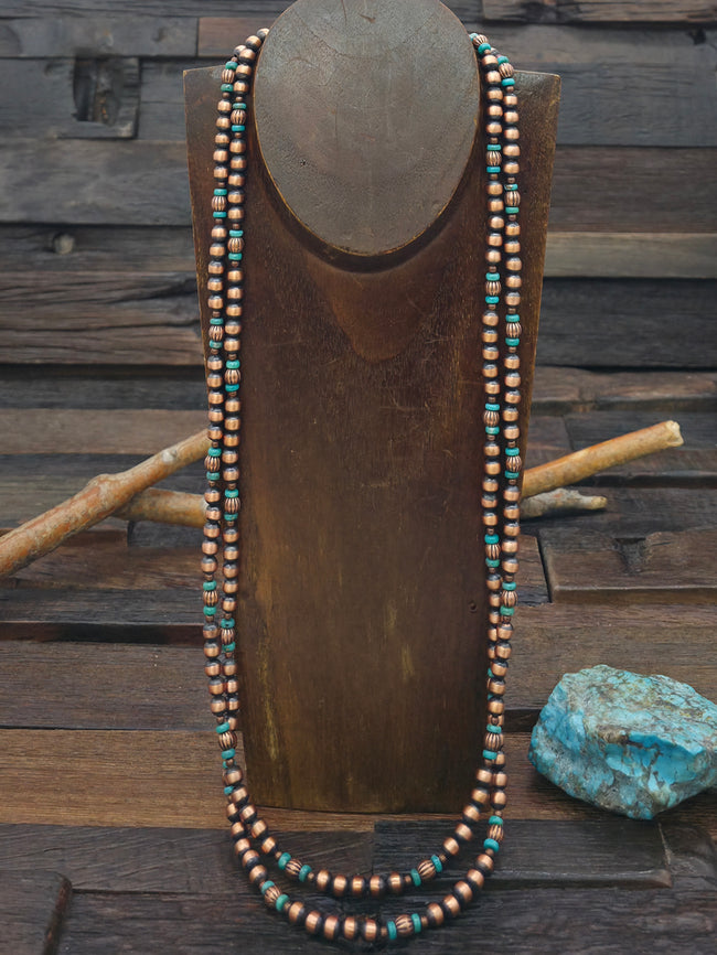 Super Long Copper and Turquoise Bead Necklace - 60 in.