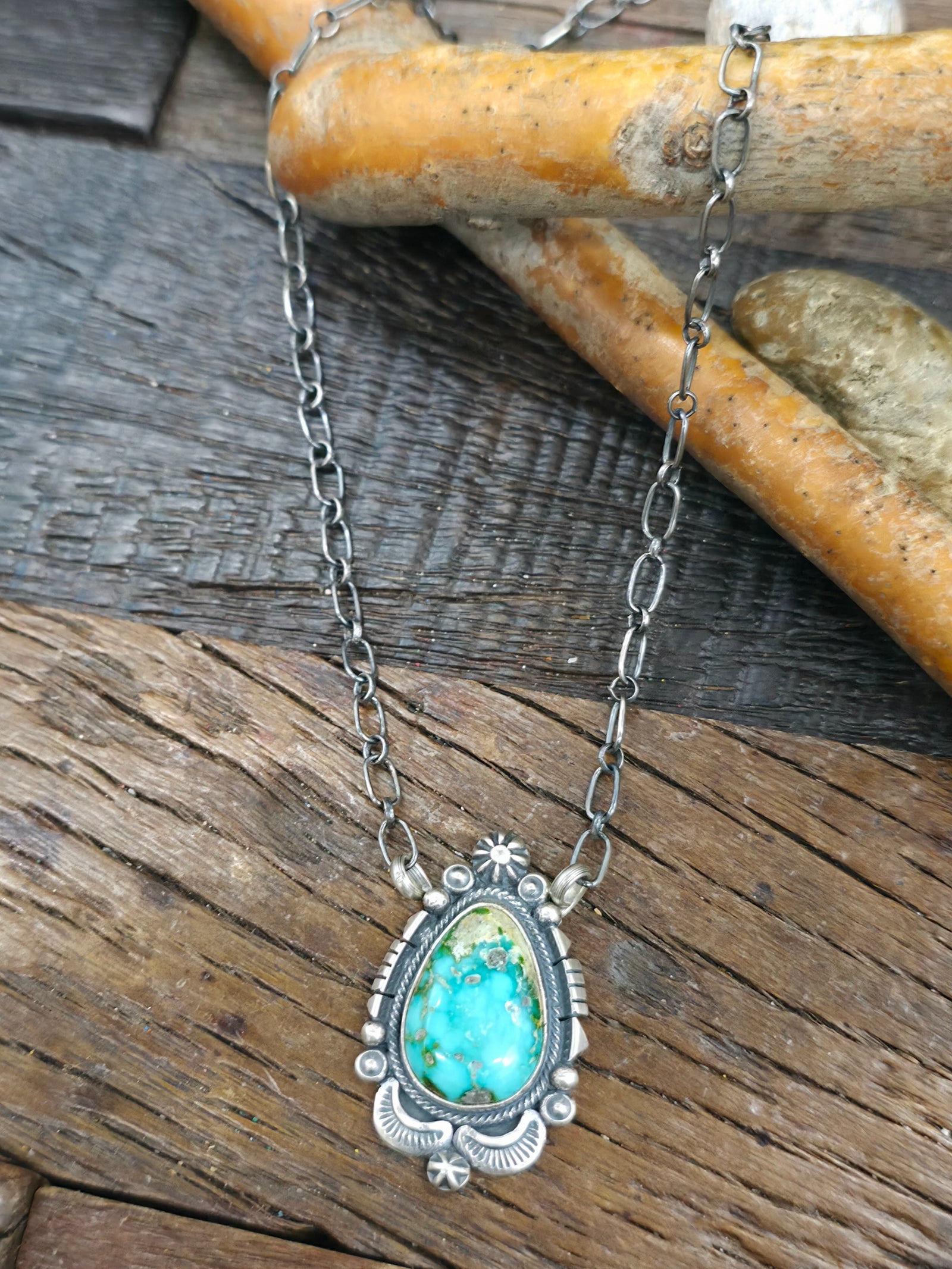 Stamped Sterling Silver and Sonoran Turquoise Pendant Necklace by Daniel Benally - 18 in.