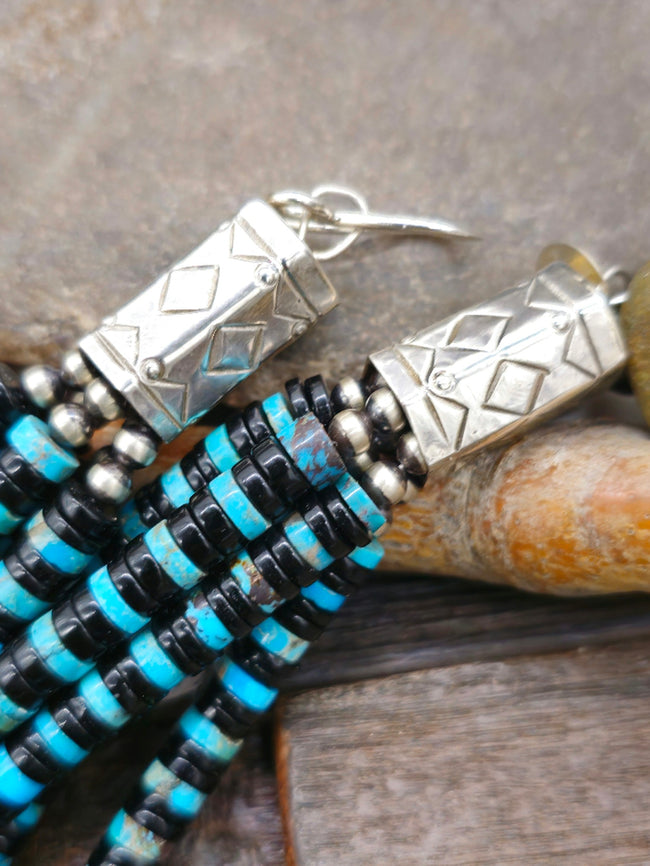 Five-Strand Turquoise and Jet Heishi Necklace by Fred Archuleta 26 in.