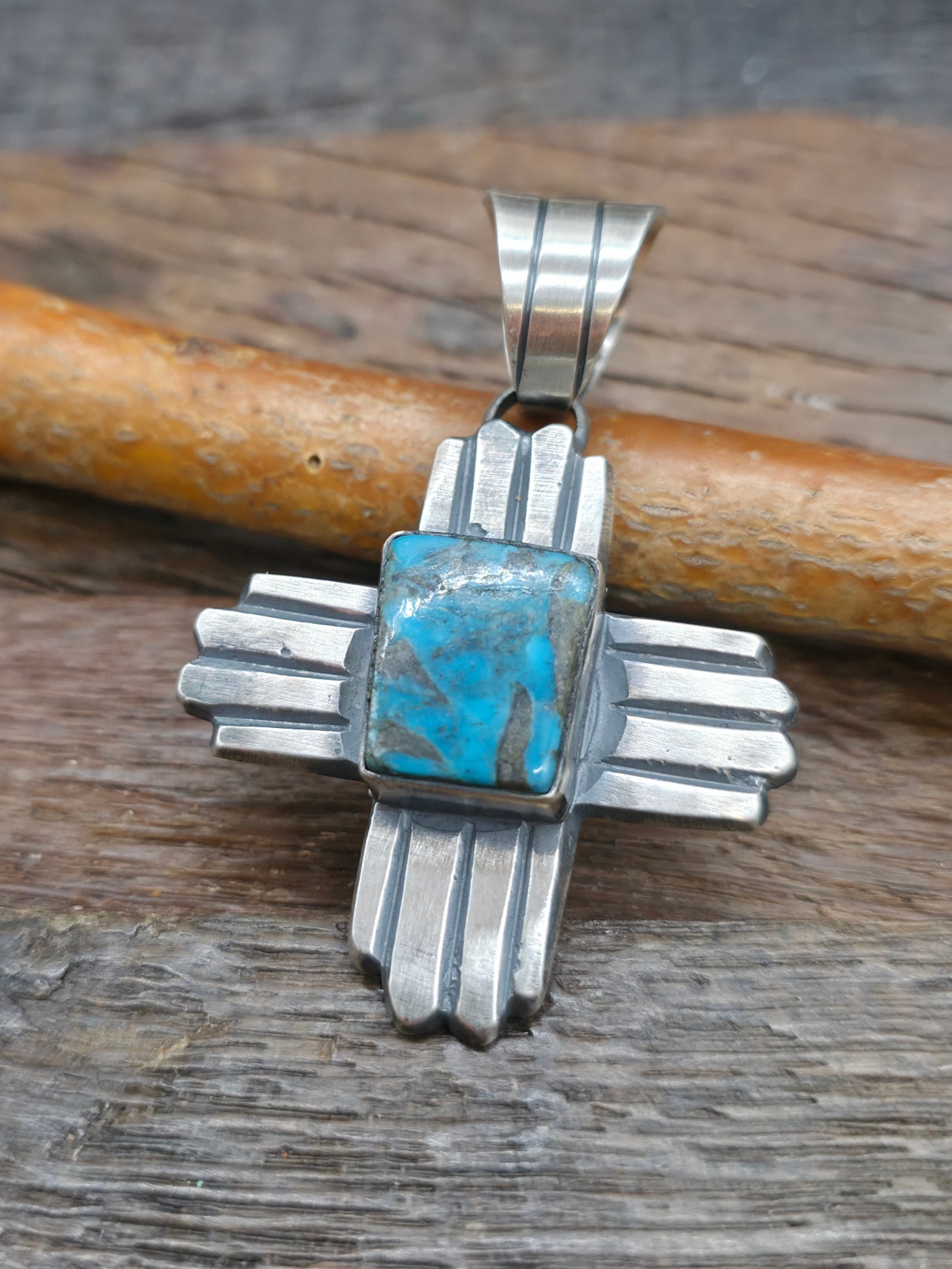 Chimney Butte Sterling Silver Turquoise Zia Symbol Pendant - 2 1/4 in. by 1 1/2 in.