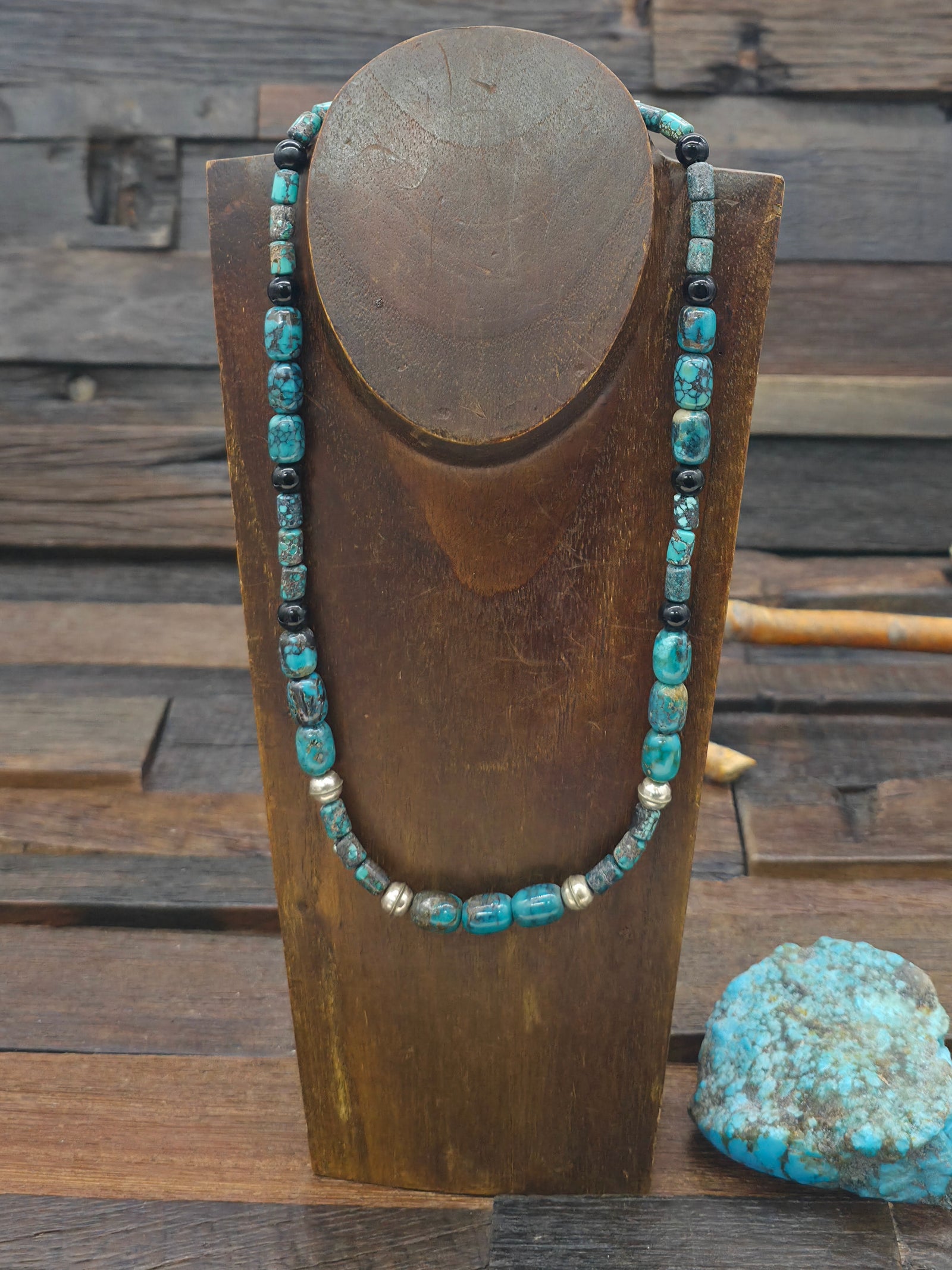 Skyhorse Turquoise, Onyx, and Sterling Silver Bead Necklace - 22 in.
