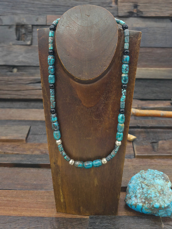 Skyhorse Turquoise, Onyx, and Sterling Silver Bead Necklace - 22 in.