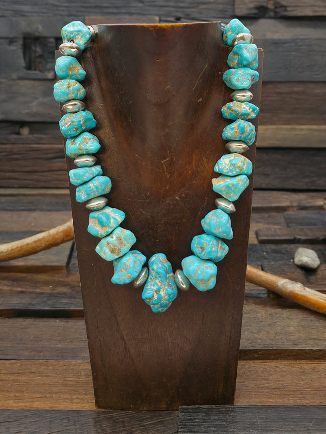 Large Sleeping Beauty Turquoise Nugget Necklace with High Shine Sterling Silver Saucer Beads - 16 in.