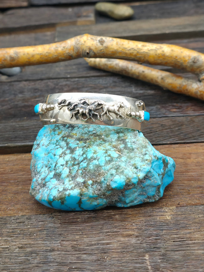Sterling Silver Turquoise Running Horses Bracelet by Bobby Platero - 6 1/4 in. w/gap