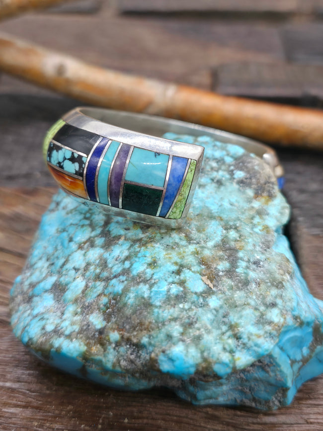 Vintage/Estate Multi Stone Sterling Silver Inlay Cuff by Betty Thomas - 6 3/4 in. with Gap