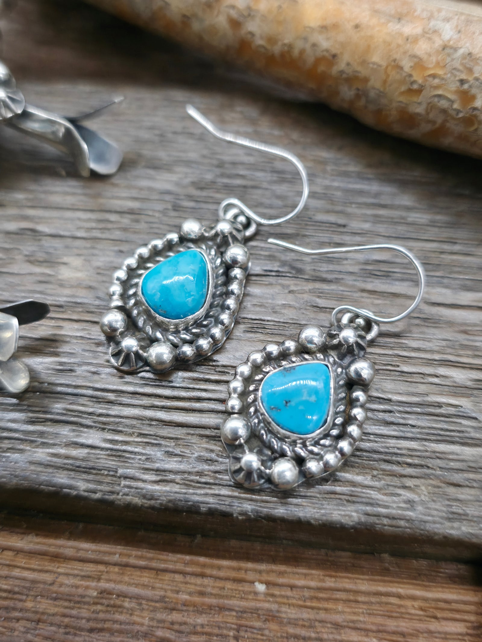Sterling Silver Turquoise Squash Blossom Necklace and Earring Set by Rosella Paxson - 27 in.