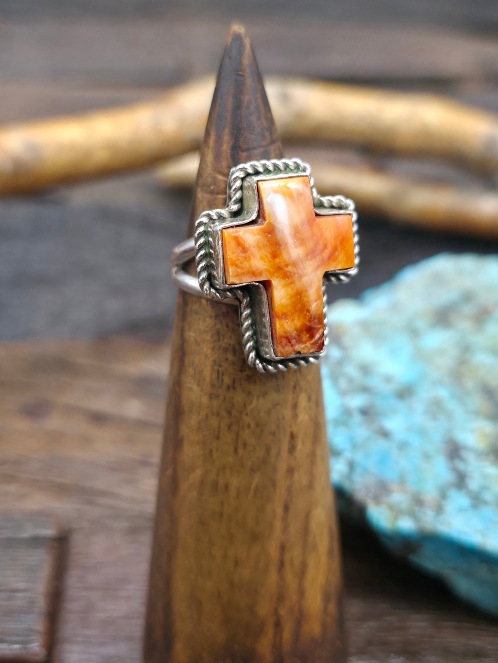 Sterling Silver Orange Spiny Cross Ring by Randall Enditto - Adjustable
