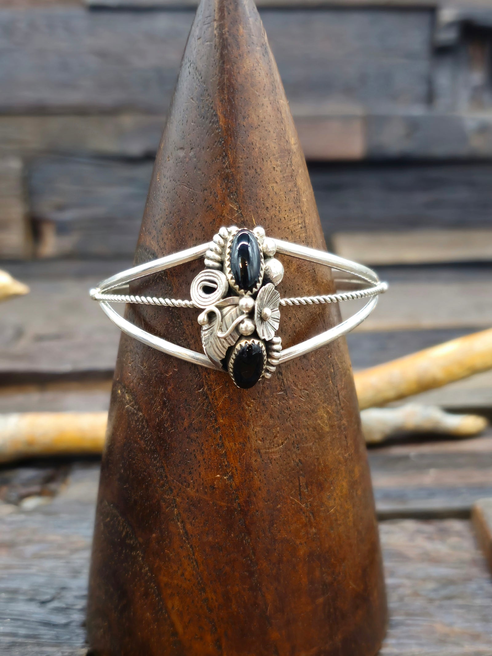 Black Onyx and Sterling Silver Bracelet by Carolyn Nez 6 1/2 in